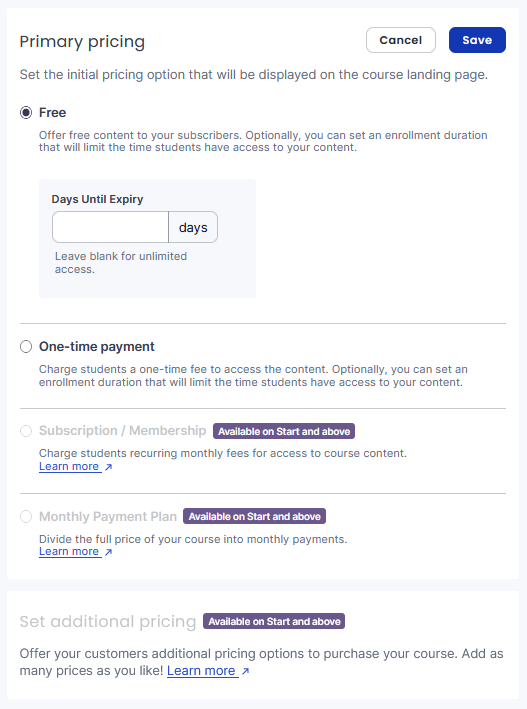 Thinkific course pricing settings