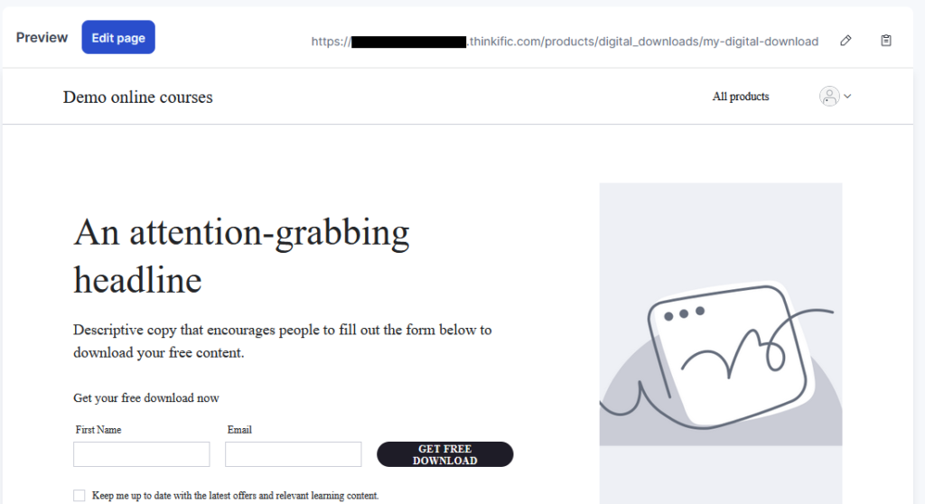 Thinkific digital download in landing page