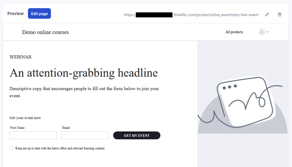Thinkific live events in landing page