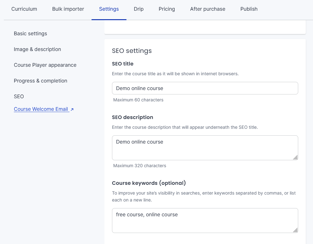 Thinkific SEO settings