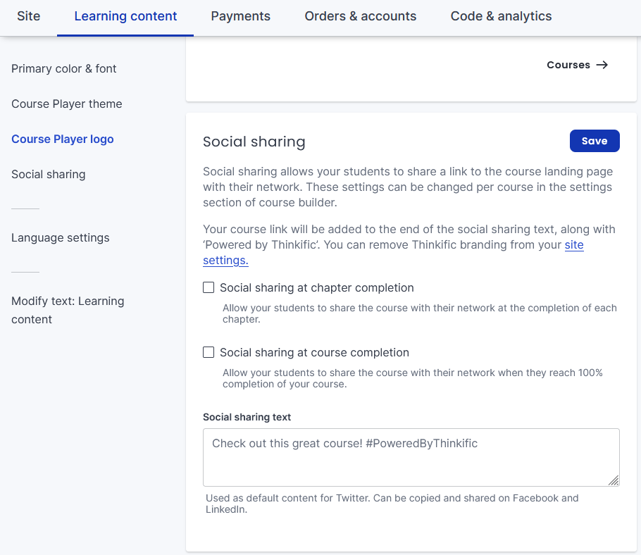 Thinkific social sharing