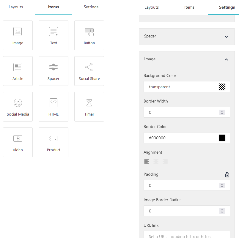 Moosend editor items and settings