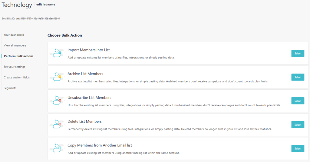 Moosend subscribers bulk actions