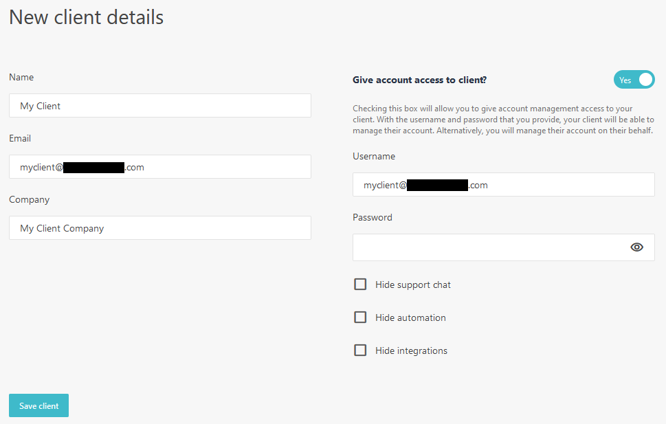 Moosend client account management