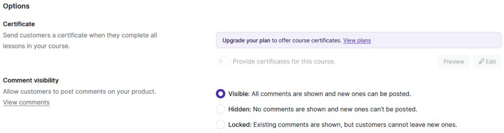 Podia course certificate and comments visibility