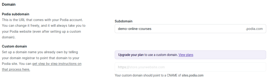 Podia domain settings