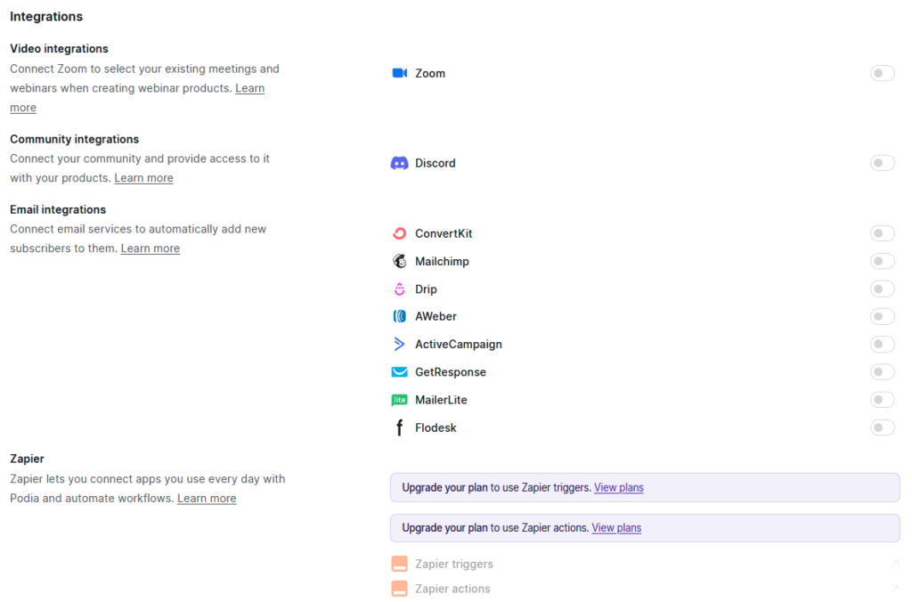 Podia third-party tools settings