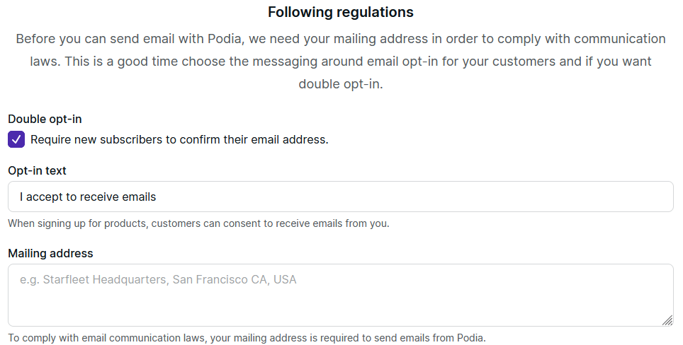 Podia email marketing settings