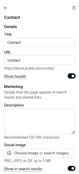 Podia site page settings