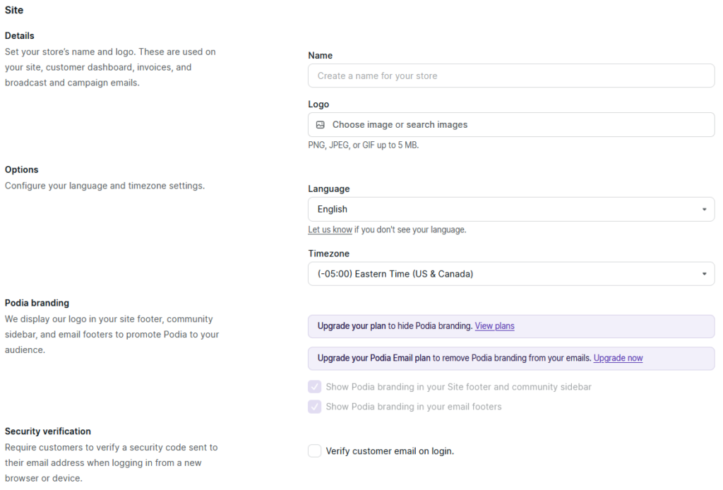 Podia site settings