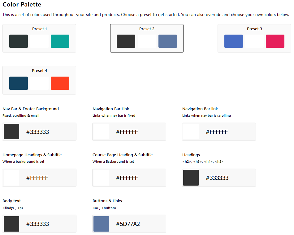 Teachable website color palette