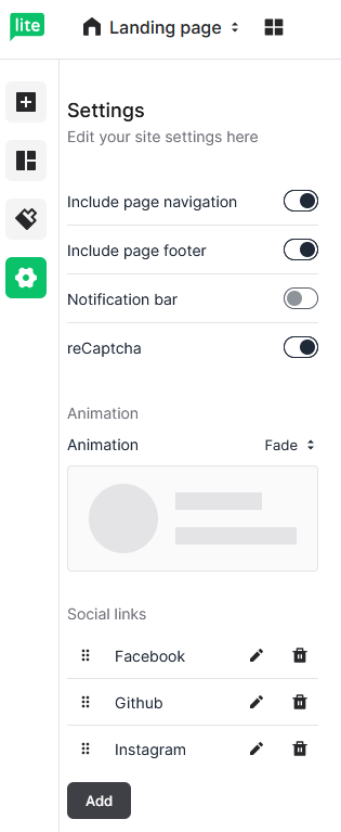 MailerLite landing page editor settings