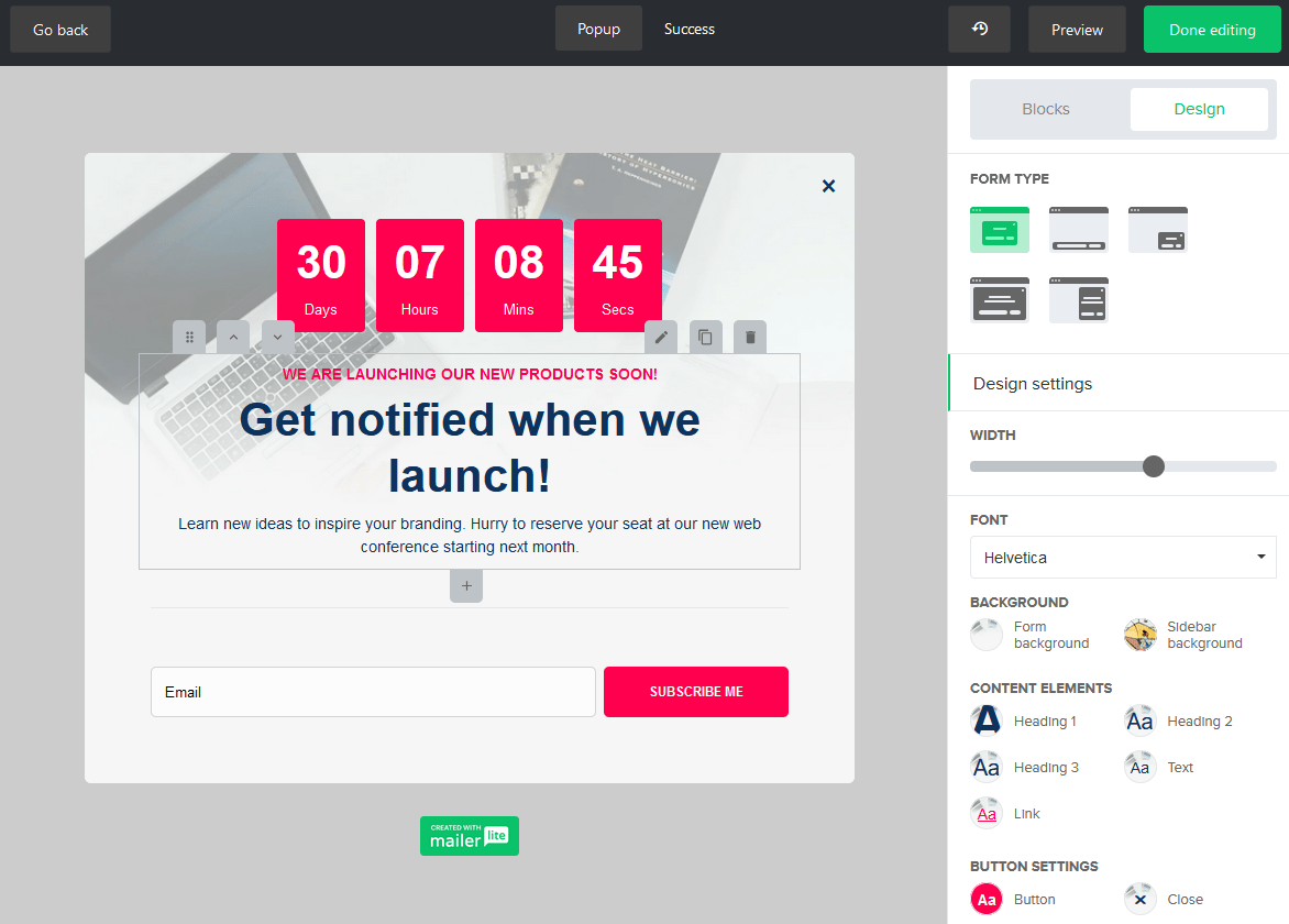 MailerLite form editor design