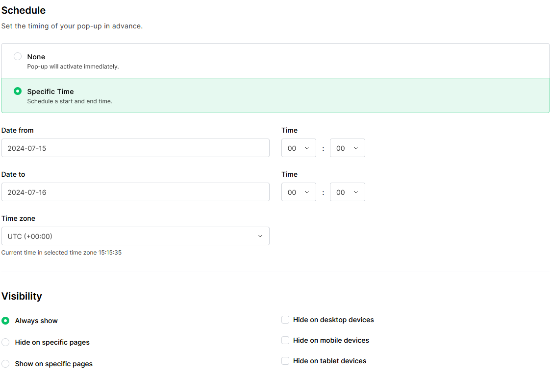 MailerLite form schedule and visibility