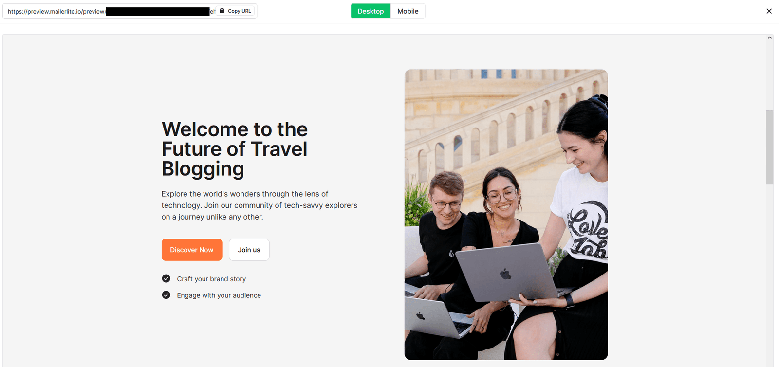 MailerLite landing page preview