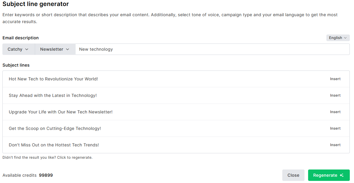 MailerLite regular campaign subject line generator result